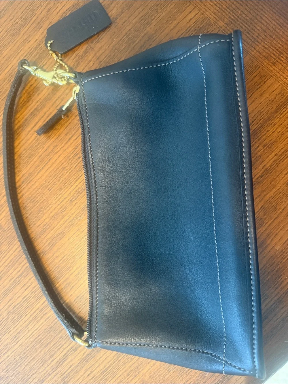 Coach Dark Black Leather Wristlet Clutch with Gold Hardware